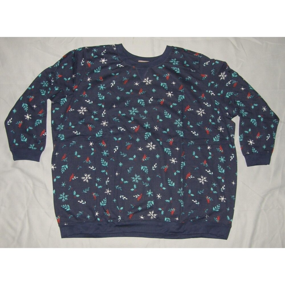 WOMAN WITHIN Blue Plus Sz 30/32 Holiday Cardinal Print Crew Neck Sweatshirt NEW